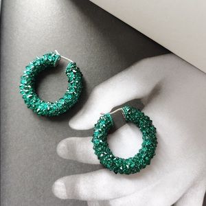 New Christmas Celine Crystal Green Enameled Hoops